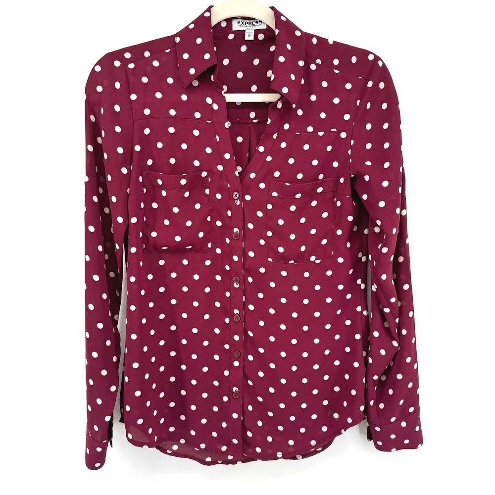 Express The Portofino Shirt Women XS Burgundy Polka Dot Slim Fit Button Up Top